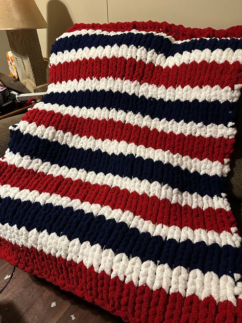 Show your patriotism with our Handmade Chunky Knit Blanket - Perfect for gifting or keeping! Beautiful Red White and Blue Patriotic Chunky Handknit Blankets and Throws in super soft chenille yarn that is machine washable!  Easy care instructions and kid and pet friendly and free Shipping! Picture shows the 40x60 in,  which is perfect on your couch or chair. Chunky Yarn Blanket, Fil Chenille, Diy Knit Blanket, Hand Crocheted Blanket, Arm Knitting Blanket, Hand Knit Blanket, Cuddly Blanket, Chenille Throw, Chenille Yarn