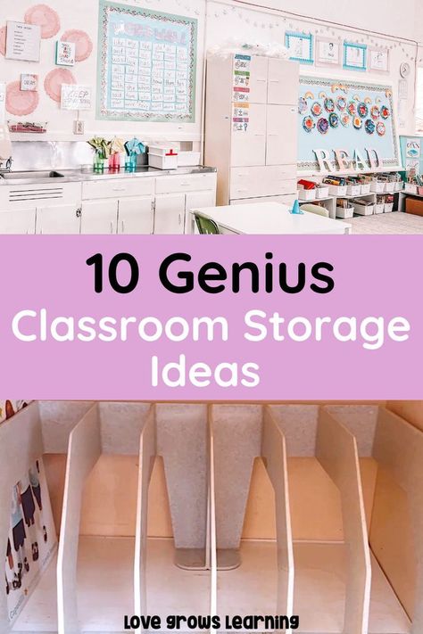 These classroom storage hacks are genius and so helpful! Click to read tips for classroom storage that will help your classroom organization throughout the school year. Classroom Setup Middle School, Classroom Storage Ideas, Classroom Storage Solutions, Middle School Classroom Organization, Classroom Setup Elementary, Preschool Classroom Setup, Teacher Storage, Preschool Organization, Teaching Classroom Decor