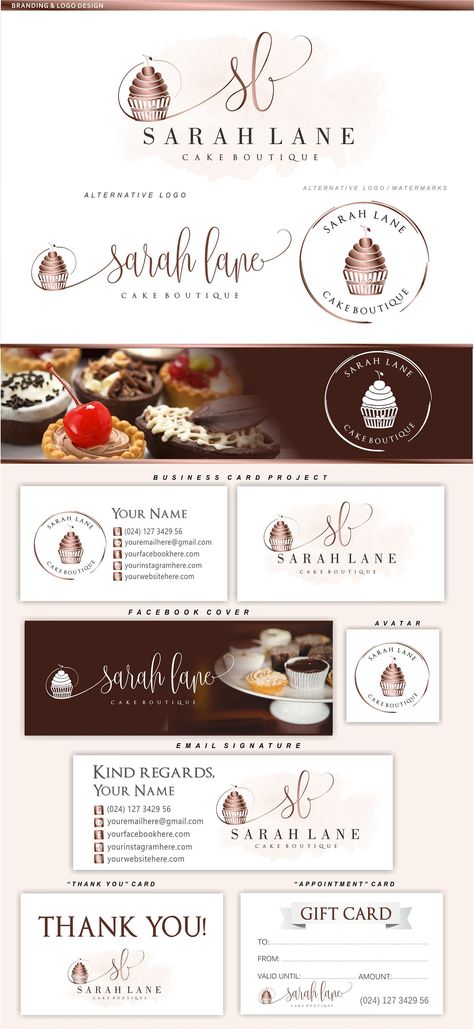 Cupcake logo design, Bakery Branding Kit, Logo Set, Blog logo, Watermark, Cakery Marketing, Logo Design Stamp, Dessert Logo Logo package. This Premade Branding Kit would be perfect for photographers, event planners, wedding venues, interior designers, stylists, boutiques, make-up artists and other. AFTER PURCHASING, EACH MY PROJECT WILL BE CUSTOMIZED BY FOLLOWING: ♥ YourName/Store name/Business Name ♥ Your initials ♥ Optional Tagline NO FONT or CAPITAL/LOWERCASE letters change offered in this br Dessert Shop Logo Design, Name For Sweet Business, Logo Design Shop, Logo Dessert, Cupcake Logo Design, Dessert Logo, Blog Logo Design, Marketing Logo Design, Watercolor Branding