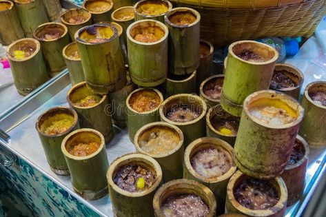 Thai Dessert Made Of Sticky Rice Put In A Bamboo `Khao Lam` Stock Photo - Image of delicious, bamboo: 105567810 Bamboo Food, Bamboo Rice, Thai Desserts, Bar Night, Thai Street Food, Thai Dessert, Bamboo Shoots, Bamboo Leaves, Sticky Rice