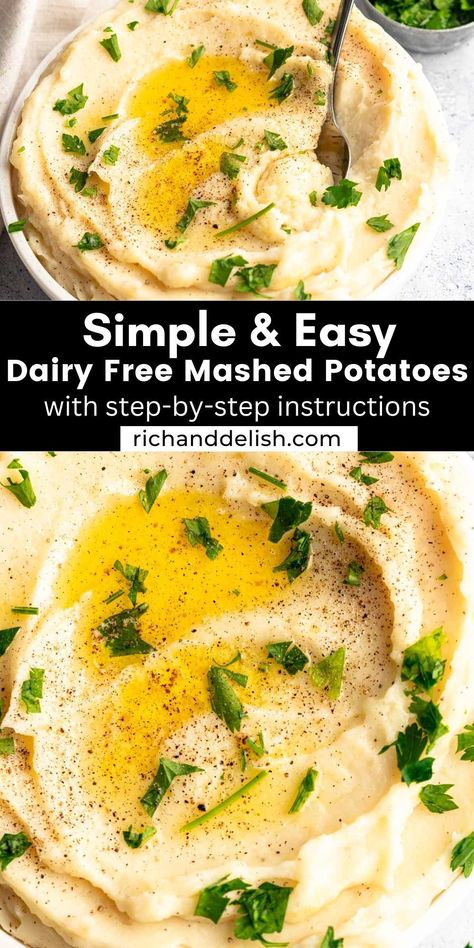 These dairy free mashed potatoes are the perfect side dish, creamy, smooth, and savory, and come together in 30 minutes! Creamy Dairy Free Mashed Potatoes, Dairy Free Garlic Mashed Potatoes, Mashed Potatoes Recipe Dairy Free, Gluten Free Mashed Potatoes Recipe, Dairy Free Thanksgiving Side Dishes, Lactose Free Side Dishes, Non Dairy Mashed Potatoes, Lactose Free Mashed Potatoes, Thanksgiving Recipes Dairy Free