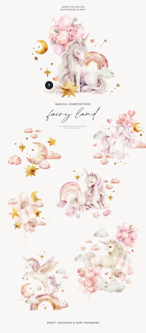 FAIRY LAND Watercolor Unicorn by Muse Artist on @creativemarket Fairytale Watercolor, Unicorn Watercolor, Comic Template, Baby Luna, Illustrator Brushes, Spring Animals, Watercolor Cute, Unicorn Illustration, Magical Fairy