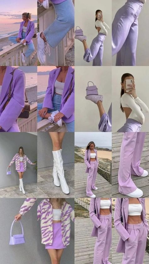 Best Colour Combination Outfits, Colour Blocking Outfits Casual, Spring Outfits Bright Colors, Best Colour Combos Outfits, Fun Colourful Outfits, Barbie Purple Outfit, Lilac Pants Outfit Color Combos, Best Color Combos Outfits, What Color Goes With Purple