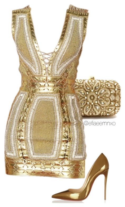 "Golden girl" by efiaeemnxo ❤ liked on Polyvore featuring moda, Christian Louboutin, gold, christianlouboutin, balmain, sbemnxo e styledbyemnxo Gold Outfit Party, Gold Outfit, Outfit Party, Mode Kpop, Gold Dress, Mode Style, Mode Outfits, Heel Shoes, Featuring Dress