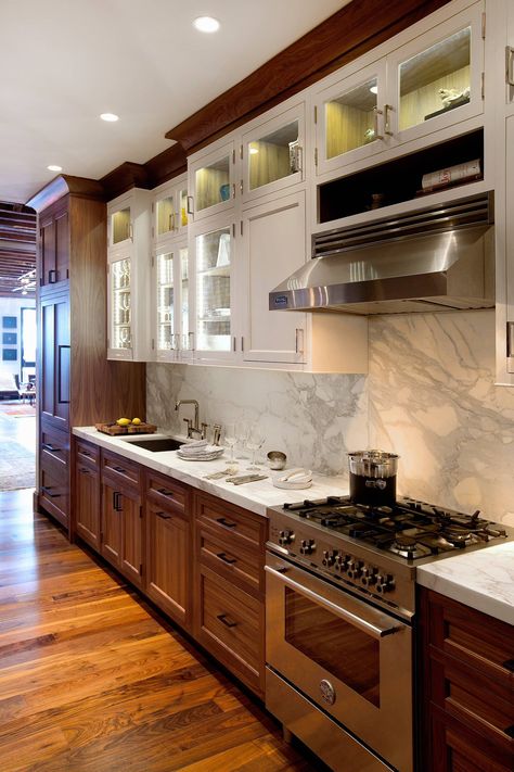 Twitter Cherry Cabinets Gold Hardware, Dark Walnut Kitchen Cabinets, Modern Walnut Kitchen, Galley Kitchen Renovation, Walnut Kitchen Cabinets, Cost Of Kitchen Cabinets, Kitchen Remodel Plans, Kitchen Base Cabinets, White Tile Backsplash