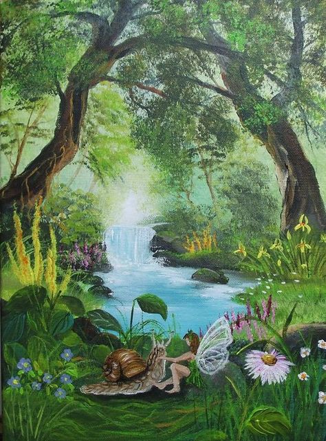 Fairyland Painting Easy, Painting Ideas On Canvas Fairycore, Fairytale Forest Painting, Fairies In Forest, Fairy In Garden Drawing, Enchanted Forest Art Illustrations, Fairytale Forest Art, Fairy Cottage Painting, Cute Fairy Garden Drawings