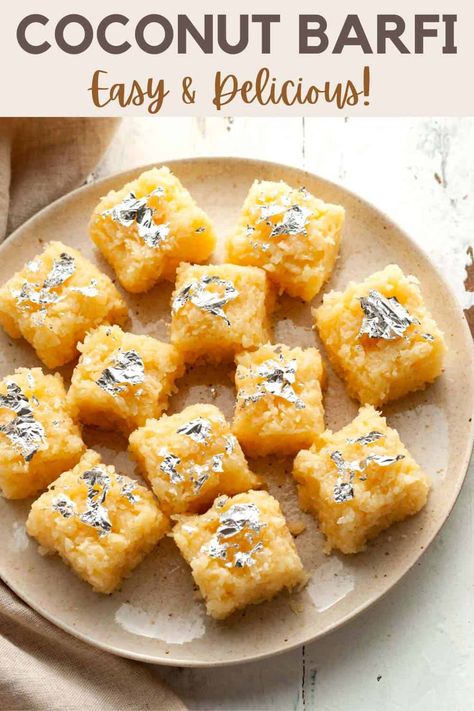 Here's a delightful coconut barfi recipe made with desiccated coconut, fresh milk, condensed milk, and ghee. This easy coconut sweet that resembles fudge is always a hit during the festive season, but who's to say you can't have it otherwise? Made with just four ingredients, it's an Indian mithai you can't do without! Sweet Potato Dessert Recipes Easy, Potato Dessert Recipes, Sweet Potato Dessert Recipes, Coconut Barfi Recipe, Coconut Barfi, Sheera Recipe, Indian Mithai, Coconut Burfi, Barfi Recipe