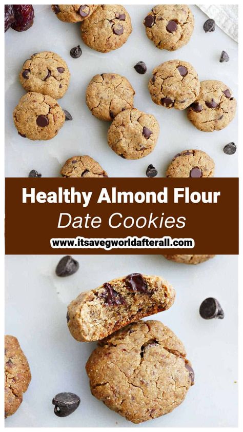 These date sweetened cookies are a healthy treat with peanut butter, almond flour, and chocolate chips! They're a dairy free, gluten free, and vegan treat that take almost no time to whip up! Almond Flour Date Cookies, Aip Paleo Desserts, Poetry Teatime, Heart Healthy Desserts, Almond Flour Chocolate Chip Cookies, Fancy Breakfast, Date Cookies, Almond Butter Cookies, Almond Flour Cookies