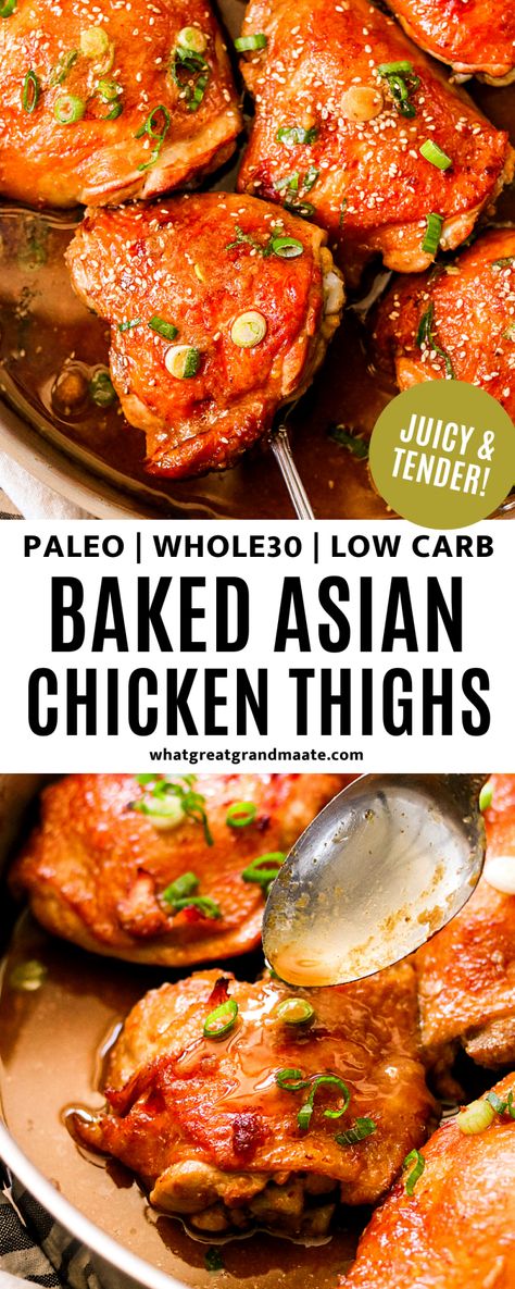 These juicy and tender oven baked Asian chicken thighs are paleo, Whole30, and soy free as well! They are easy to make and so flavorful, with a touch of natural sweetness from coconut aminos. #paleo #whole30 #lowcarb #chickenthighs #glutenfree #soyfree Coconut Aminos Chicken, Whole30 Baked Chicken, Paleo Chicken Thighs, Paleo Baked Chicken, Asian Chicken Thighs, Paleo Chicken Recipes, Coconut Aminos, Chicken Thigh Recipes Oven, Chicken Thigh Recipes Crockpot