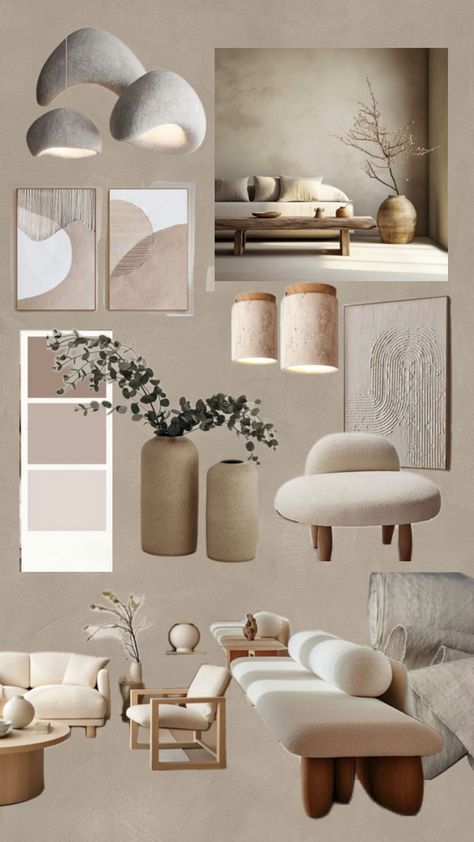 New decor with simple designs to brighten up your home Japandi Minimalist Interior, Trending Living Rooms For 2024, Minimalistic Mood Board, Living Room Trends 2024, Taupe Wall Color, Wabi Sabi Moodboard, Mood Board Minimalist, Wabi Sabi Interior Living Rooms, Japandi Interior Design Living Room