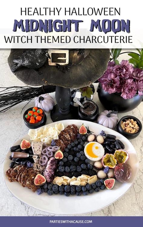 Witch Charcuterie Board Ideas, Witchy Charcuterie Board, Witch Party Food, Witch Themed Food, Witch Brunch, Purple Charcuterie Board, Themed Charcuterie Board, Halloween Snack Mix, Halloween Charcuterie