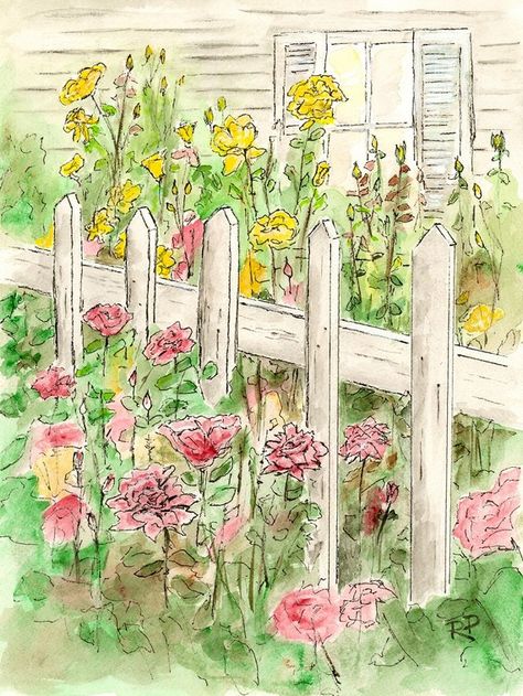 Rose Garden Art, Flower Garden Drawing, Flower Garden Art, Painting Summer, Garden Illustration, Garden Drawing, Garden Watercolor, Garden Wallpaper, Summer Painting