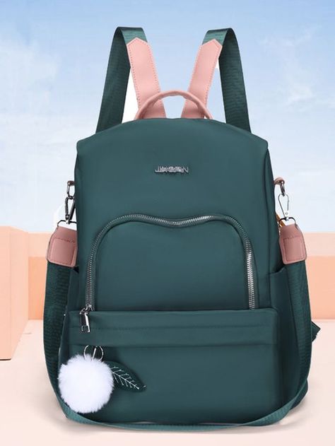 Green Casual,Cute,Elegant,Punk,Preppy,Sporty,Vintage,Unisex,Vacation,Funky,Fashionable,Minimalist Collar Polyamide Plain Classic Backpack Embellished Women Bags Shein Bags, Elegant Punk, Tas Lv, Pom Pom Decor, Green Preppy, Stylish School Bags, Functional Backpack, Diy Leather Bag, Metal Letter