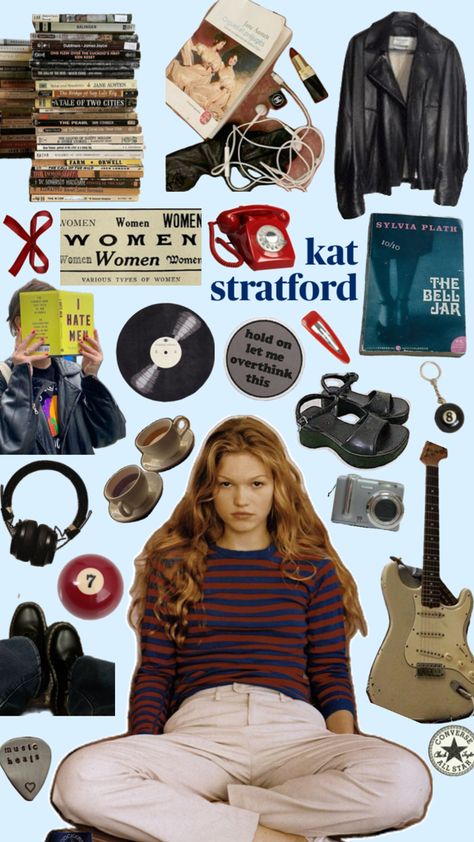 collage, movie, julia stiles, 10 things I hate about you Kat Stratford Aesthetic, Julia + Core + Aesthetic, Kat Stratford, Julia Stiles, 10 Things I Hate About You, Downtown Outfits, City Woman, Types Of Women, Autumn Outfit