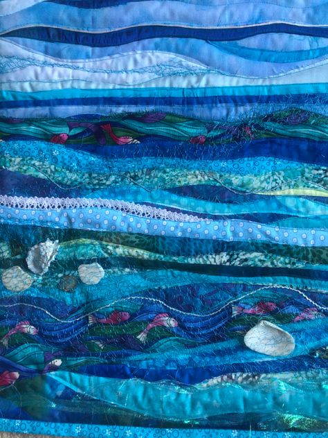 Rough edge applique on batting Layers Textiles, Ocean Applique, Embroidered Waves, Fabric Landscape, Quilt Colors, Textile Craft, Material Ideas, Sea Quilt, Christmas Tree Quilt