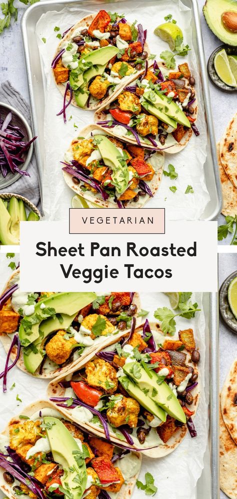 Beautiful sheet pan roasted vegetable tacos filled with perfectly seasoned veggies and plenty of plant-based protein. Serve these easy vegetarian tacos with avocado, sliced red cabbage, fresh cilantro, and your choice between two creamy, delicious sauces. The ultimate meatless dinner made on one pan! #tacos #vegetarianrecipe #veganrecipe #vegandinner #vegetariandinner #onepanmeal #vegantacos Roasted Vegetable Tacos, Pan Tacos, Seasoned Vegetables, Vegetable Tacos, Delicious Sauces, Tacos With Avocado, Veggie Tacos, Seasoned Veggies, Ambitious Kitchen