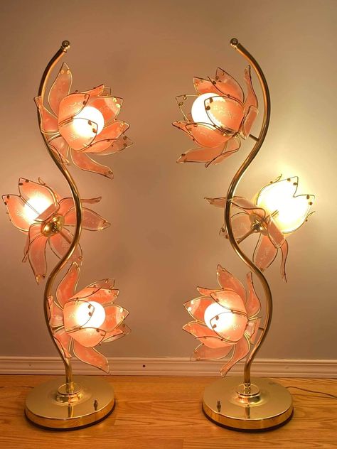 Vintage Floor Lamp. -1980s. SOLD SEPARATELY.  Stunning lotus flower floor lamps, both lamp s are complete with three lotus flower fixtures,  Gorgeous dark Pink glass panels bordered in brass with a brass base. 3 way lighting... 1, 2 or all 3 fixtures can be lit.  **Measures Approximately 44" tall. This will definitely make a statement in your home. Both in Exellent Vintage Condition with the exception of some light scratches on the base. All fixtures in working order. Lamp will need to be disass Flower Lighting, Flower Floor Lamp, Lamp Flower, Flower Floor, Lotus Lamp, Lamp Pink, Flower Lamp, Cute Bedroom Decor, Vintage Floor Lamp