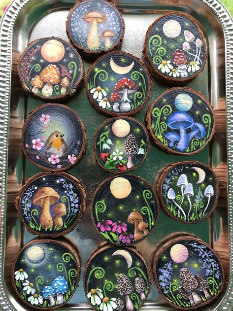 Creator: Me (The Stone Pansy) Medium: acrylic on wood, magnets I’m peculiar and my wife calls me an artist. Plank Paintings Diy Wood, Hand Painted Tables Ideas, Wood Slice Painting Tutorial, Mushroom Painted Rocks, Painted Wood Rounds, Painted Stones And Rocks, Witchy Crafts To Sell, Circle Wood Art, Mystical Paintings