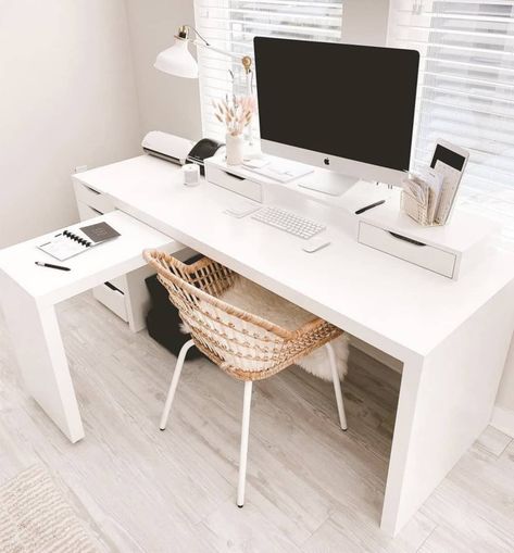 IKEA white minimalist pull out desk Ekby Ikea, Ikea Malm Desk, Linnmon Desk, Desk For Two, Ikea Desk Hack, Desk Hacks, Mobile Desk, Ikea Office, Ikea Inspiration