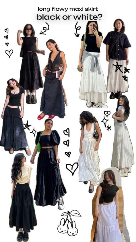 black or white outfits? Long Flowy Skirt Outfit, Flowy Skirt Outfit, Long Black Skirt Outfit, Black Maxi Skirt Outfit, White Skirt Outfits, Black Skirt Outfits, Mode Grunge, Looks Pinterest, Long Skirt Outfits