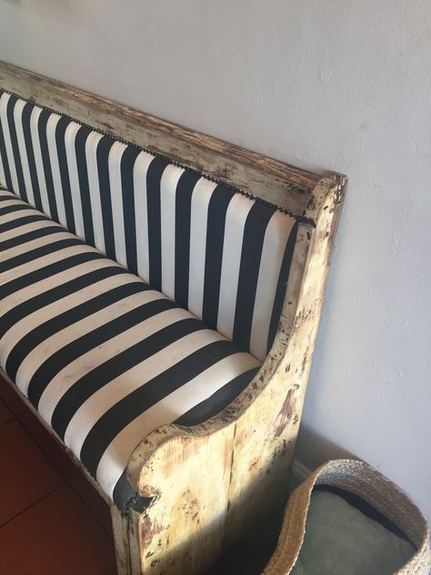 Diy Church Pew Benches, Church Pews Repurposed, Church Pew Ideas Repurposed, Pew Makeover, Painted Church Pew, Parisian Chic Interior, Black And White Striped Fabric, Sunroom Makeover, Stairs Interior