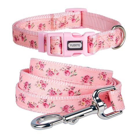 YUDOTE Floral Dog Collar and Lead Set Small,Strong Pink Nylon Collar and Leash Combo for Active Female Dogs Daily Use,Floral Pink : Amazon.co.uk: Pet Supplies Coquette Dog Collar, Aesthetic Dog Collar, Dog Collar Aesthetic, Coquette Dog, Pink Leash, Coquette Theme, Purse Dog, Pink Dog Collar, Spoiled Pets