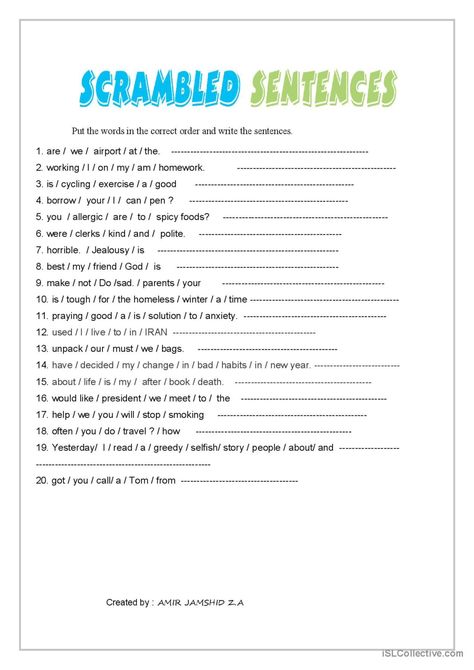 Scrambled sentences general grammar…: English ESL worksheets pdf & doc Scrambled Sentences Worksheet, Sentence Unscramble, Sentences Worksheet, Letter D Worksheet, Scrambled Sentences, Writing Skill, Read English, Worksheet Kindergarten, Sentence Scramble