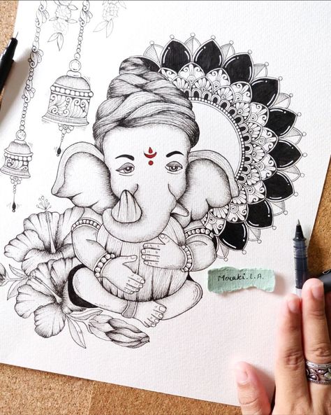 Ganpati Pencil Drawing, Ganpati Mandala Art Colourful, Ganpati Sketch Pencil, Ganpati Drawing Sketch, Ganeshji Drawing, Ganesha Art Sketch, Mandna Art, Ganpati Drawing, Ganesha Drawing