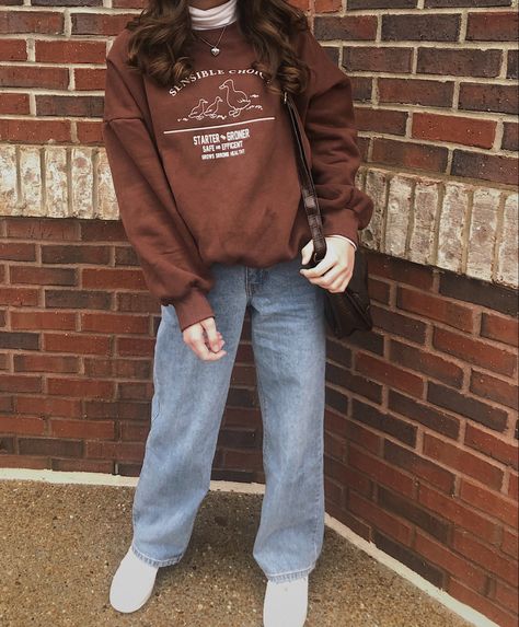 Brown Crew Neck Outfit, Layered Crewneck Outfit, Brown Crewneck Outfit, Crew Neck Outfit, Crewneck Outfit, Christian Clothes, Brown Crewneck, Sweatshirt Aesthetic, Awesome Cars