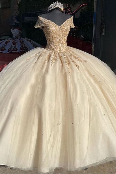 light champagne ball gown Champagne Dress Sweet 16, 15 Dresses Champagne, Sweet 16 Gold Dresses, Beige Sweet 16 Dresses, Ivory And Gold Quinceanera Dress, Quince Dresses Beige, White Gold Quinceanera Dresses, Golden Quince Dress, Quinceanera Dresses Beige