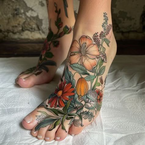 Bold Foot Tattoos Tattoo Design Pack Neo Traditional Leg Sleeve Women, Bug Hip Tattoo, Giant Back Tattoo, Back Of The Hand Tattoo, Fall Sleeve Tattoo, Ivy Flower Tattoo, Hip Cover Up Tattoos Women, Full Foot Tattoos, Floral Hip Tattoo Thigh Piece