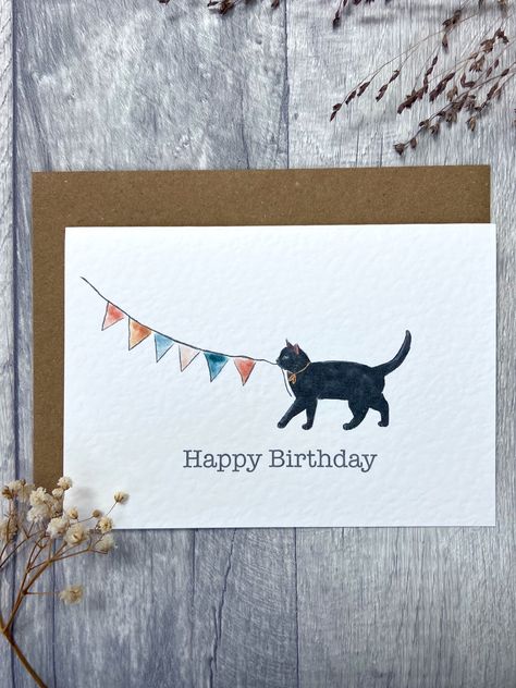 Digitally Drawn Cute Mischievous Black Cat Birthday Card with Party Bunting Delight the cat lovers in your life with this adorable birthday card featuring a digitally drawn mischievous black cat holding party bunting. Perfect for adding a touch of charm and fun to any celebration, this card can be personalised with the recipient's name on the front for an additional fee. Key Features: - A6 size (4.13'' × 5.83'') - Printed on hammered card, 255 gsm - Comes with a brown kraft envelope - Blank insi Cat Holiday Cards, Cat Bday Cards, Birthday Card With Cats, Cute Animal Birthday Cards, Cat Birthday Card Ideas, Birthday Cards With Cats, Birthday Cat Drawing, Birthday Card Ideas Handmade, Black Cat Birthday