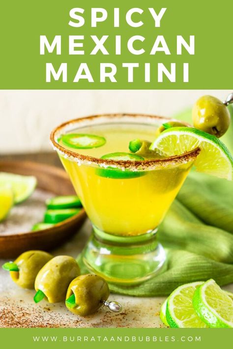 Looking for some easy Mexican cocktails? You'll love this spicy Mexican martini. Similar to the famous Mexican martini at Trudy's and Chuy's, this tequila martini comes with a spicy kick from fresh jalapenos and jalapeno-stuffed olives. #mexicanmartinirecipe #mexicanmartinirecipechuys #mexicanmartinirecipetrudys #tequilamartini #tequilamixeddrinks Mexican Martini Recipe Chuys, Mexican Martini Recipe, Tequila Martini, Tequila Mixed Drinks, Home Bartender, Mexican Cocktails, Stuffed Olives, Mix Drinks, Drink Party