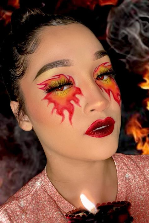 Fire Face Makeup, Firefighter Makeup Halloween, Fire Makeup Halloween, Fire Elemental Makeup, Fire Eye Makeup, Fire Theme Makeup, Fire Face Paint, Flames Makeup, Flame Eye Makeup