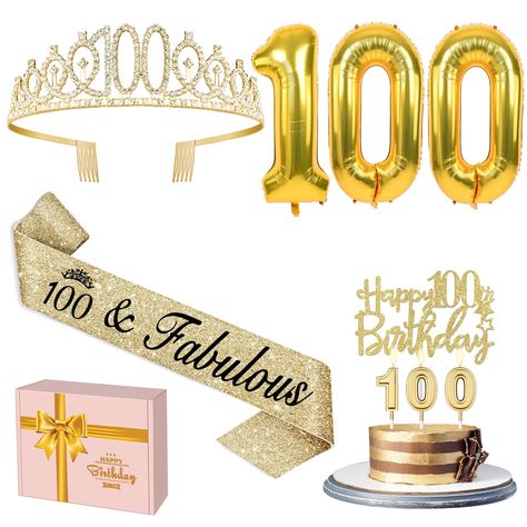 PRICES MAY VARY. [100 Birthday Decorations Gold Set]: Package Coming with Glittery Rhinestone 100th Birthday Tiara/Crown x 1pc, Gold 100th Birthday Sash x 1pc, Happy 100th Birthday Cake Topper x 1pc, Number 100 Candles x 1set, Big Gold Numeral 100 Balloons x 1 set, Birthday Card x 1pc. This great valuable 100th birthday gift for women gold has been packed in a beautiful gift box for ready presentation. [Glittery 100 Tiara and Sash]: Hand Made 100th Crown is Made from high quality alloy and rhine 100th Birthday Decorations, Birthday Decorations Women, 100th Birthday Cake, 100th Birthday Party Decorations, 100 Birthday Decorations, 100 Birthday, Happy 100th Birthday, 100th Birthday Party, 95 Birthday