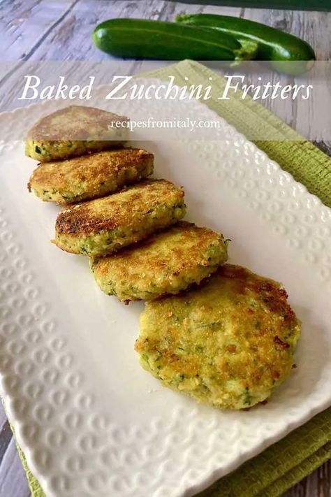 Italian Baked Zucchini Fritters - Recipes from Italy Fritters Recipes, Baked Zucchini Fritters, Recipes From Italy, Zucchini Meatballs, Zucchini Fritters Recipe, Baked Ricotta, Baked Zucchini, Bake Zucchini, Zucchini Squash