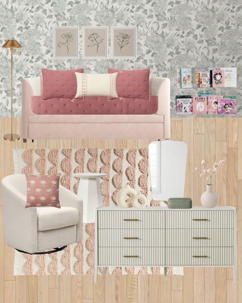 Pink Velvet Daybed, Girl Daybed Room Ideas, Daybed Toddler Room Girl, Daybed Girls Room, Room With Daybed, Pink Tufted Bed, Girls Daybed Room, Pink Daybed, Girls Daybed