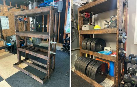 Tall DIY Weight Storage Unit Diy Weight Storage, Weight Storage Ideas, Gym Equipment Storage, Gym Building, Homemade Gym Equipment, Weight Lifting Equipment, Weight Rack, Diy Home Gym, Diy Gym