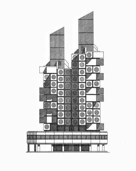 Endless Drafts on Instagram: "In memory of Nagakin Capsule Tower The demolition of this iconic structure began this week and it saddens me that one of Tokyo most representative examples of modern architectural heritage will be lost. Fortunately the some of the capsules will be preserved for exhibition. #illustrarch #architecture #arch #archisource #illustration #design #archdaily #architects #arquitectura #archilovers #architecturelovers #thebestnewarchitects #architecturestudent #sketch # Japanese Architecture Drawings, Nakagin Capsule Tower, Modern Japanese Architecture, Perspective Drawing Architecture, Timber Architecture, Neoclassical Architecture, Architecture Concept Drawings, Architecture Poster, Architectural Sketch