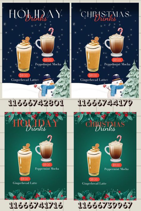 Bloxburg Christmas Menu Decals, Bloxburg Starbux Decal, Bloxburg Christmas Menu Codes, Bloxburg Coffee Shop Outfit Codes, Bloxburg Diner Menu Decals, Christmas Cafe Bloxburg, Bloxburg Christmas Town Layout, Shop Ideas Bloxburg, Bloxburg Diner Decals