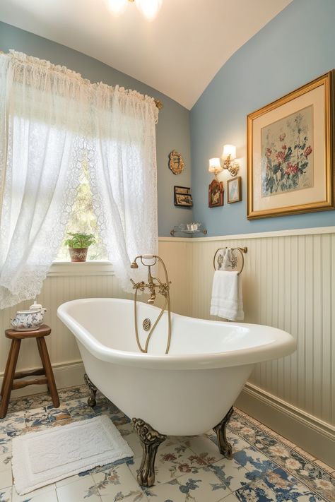 This stunning vintage bathroom offers a serene and elegant escape. The clawfoot tub, ornate fixtures, and lace curtains transport you to a simpler time while maintaining a charming aesthetic. Perfect for those seeking modern bathroom ideas with a classic twist. #VintageBathroom #ElegantDesign #HomeDecor Claw Bathtub Ideas, Bathroom With Clawfoot Tub Ideas, Cottagecore Bathroom Aesthetic, Clawfoot Tub Ideas, Clawfoot Tub Shower Combo, Claw Foot Tub Bathroom, Bathroom With Clawfoot Tub, Vintage Blue Bathroom, Clawfoot Tub Bathroom