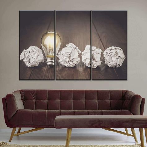 Bright Idea Multi Panel Canvas Wall Art | ElephantStock Wall Art For Office At Work, Wall Art Office Work Spaces, Office Artwork Professional, Small Office Lobby, Professional Office Decorating Ideas, Office Wall Art Ideas, Conference Room Decor, Office Decoration Ideas, Wall Decor Home Office