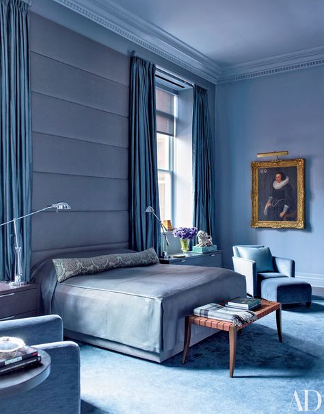 In a New York apartment decorated by Bruce Bierman Design, the bedroom’s periwinkle upholstered headboard, curtains, and carpeting lend the room a cozy and peaceful air. Next Bedroom, Humor Hilarious, Bedroom Paint Colors, Flirting Memes, Blue Rooms, Bedroom Paint, Memes Humor, Blue Bedroom, Contemporary Bedroom