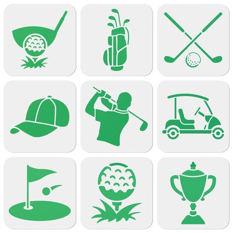 PRICES MAY VARY. 9pcs, 9 styles: Package content: 9 pieces of PET decorative stencils with different patterns. Stencil size: 5.9×5.9inch/15×15cm. Please refer to the picture for the specific pattern size. Golf Theme Patterns: golf bags, golf carts, golf clubs, hats, trophies, etc. 9 golf theme patterns, perfect for golf lovers. High Quality PET Material: It is made of PET plastic material which is more high quality and durable than normal plastic, with smooth surface and good softness. Smooth ed Golf Themed Pumpkin Carving, Golf Bag Drawing, Golf Stencils, Golf Club Crafts, Golf Clip Art, Crown Stencil, Cards Painting, Golf Graphic, Golf Pattern