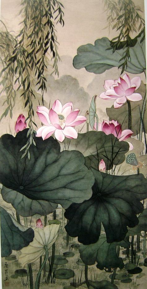 Lotus Flower Art, Lotus Painting, Chinese Art Painting, Lotus Art, Japanese Art Prints, Asian Painting, Watercolor Flower Art, Art Japonais, Stil Inspiration