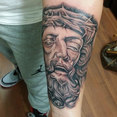 The 110 Best Christian Tattoos for Men  | Improb Christian Tattoos For Men, Christus Tattoo, Jesus Christ Tattoo, Jesus Tattoo Design, Tattoo Journal, Christian Tattoo, Christ Tattoo, Small Ideas, Ribbon Tattoos