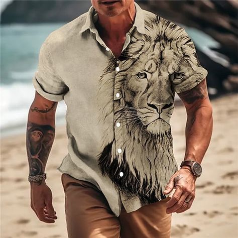 Animal Print Shirt Men, Designer T Shirts For Men, Clothes Print Design Patterns, Mens Shirts Design, Mens T Shirt Print Design, Men Shirt Design, Printed T Shirts Men, Lion Fashion, Print Shirts For Men