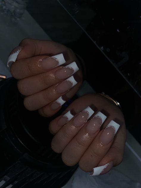 New Years French Tip Nails Sparkle, Glitter Line French Tip, French Tips Glitter Line, Glitter Lined Nails, White French Tip Nails With Gold Line, White French With Gold Line, White French Tips With Gold Line, Gold Glitter French Tip Nails Square, White French Tip With Glitter Line