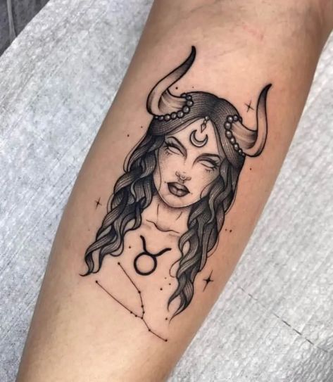 Taurus Woman Tattoo Design, Taurus Patchwork Tattoo, Taurus Art Tattoo, Taurus Queen Tattoo, Woman Taurus Tattoo, Bull Woman Tattoo, Cool Taurus Tattoos, Taurus Shoulder Tattoo, Tattoo Body Women