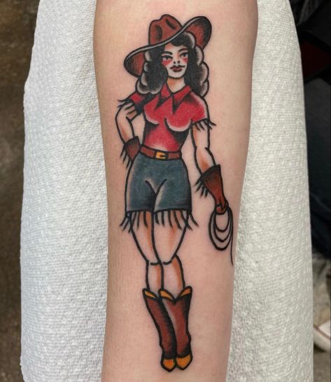 #tattoo #tattooideas #cowgirl #tattoosforwomen #tattoofemale Cowboy And Cowgirl Tattoo, Pinup Tattoo Cowgirl, Traditional Gunslinger Tattoo, Traditional Cowgirl Pinup Tattoo, Cowgirl Pin Up Tattoos, Western Pinup Tattoo, American Traditional Cowgirl Tattoo, American Traditional Cowgirl, Cowgirl Pinup Tattoo